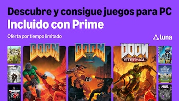 Cartel morado de Amazon Luna con texto promocional e imágenes de las portadas de Doom, Doom II y Doom Eternal