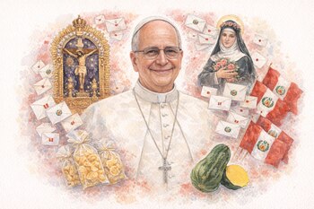Ilustración en acuarela del Papa León XIV sonriente, rodeado por la estatua del Señor de los Milagros, Santa Rosa de Lima, banderas de Perú, cartas, chifles y zapallo.