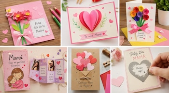 Varias tarjetas hechas a mano para el Día de la Madre, incluyendo diseños con flores de papel, corazones 3D, quilling, fotos y elementos rascables