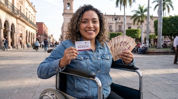 Joven feliz en silla de ruedas con chaqueta de mezclilla sonríe y muestra tarjeta de bienestar del gobierno mexicano y billetes de 200 pesos en calle colonial.