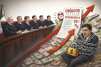 Cinco jueces en un tribunal, bandera de México, un hombre encadenado sobre billetes y monedas, documento de crédito con 33% de interés y flechas ascendentes.