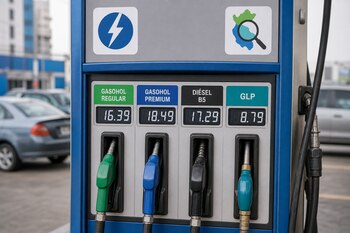 Surtidor de combustible azul con pantallas digitales que muestran precios y cuatro pistolas de despachado de color verde, azul, negro y celeste.