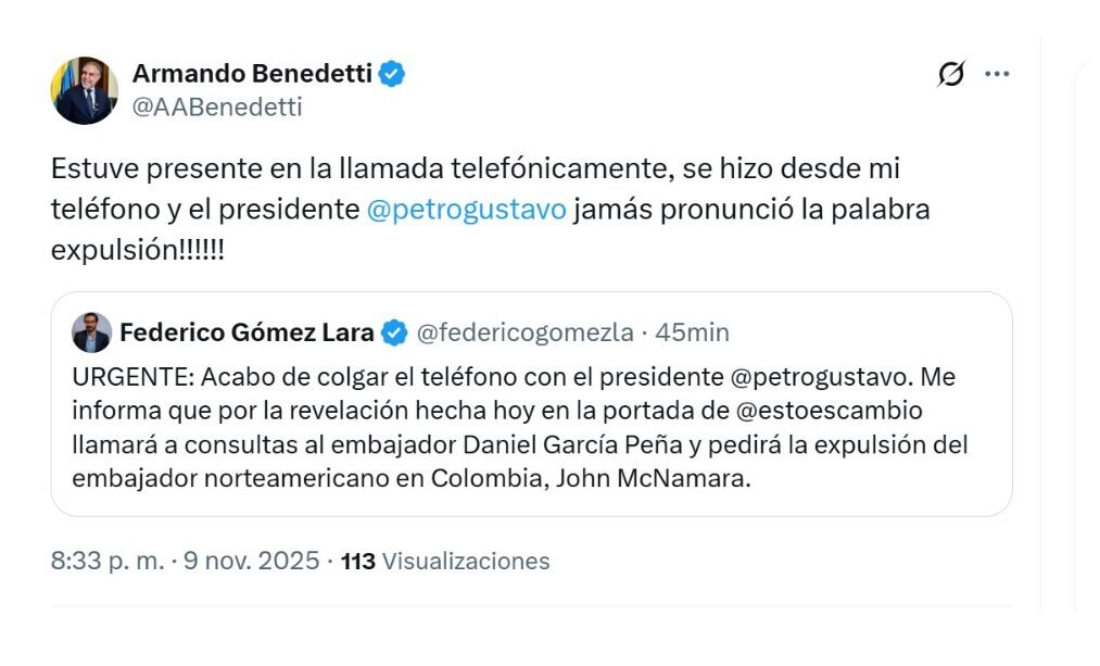 Con este mensaje, el ministro del Interior, Armando Benedetti, desmintió al director de Cambio, Federico Gómez Lara - crédito @AABenedetti/X