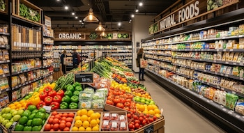 Vista interior de un supermercado con un gran expositor de frutas y verduras frescas, pasillos llenos de productos envasados y letreros de "ORGANIC" y "NATURAL FOODS".