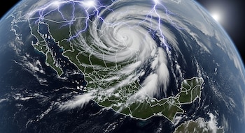 Imagen satelital de la Tierra con un gran sistema de tormenta sobre el Golfo de México y Centroamérica, mostrando relámpagos sobre el territorio mexicano. El sol es visible.