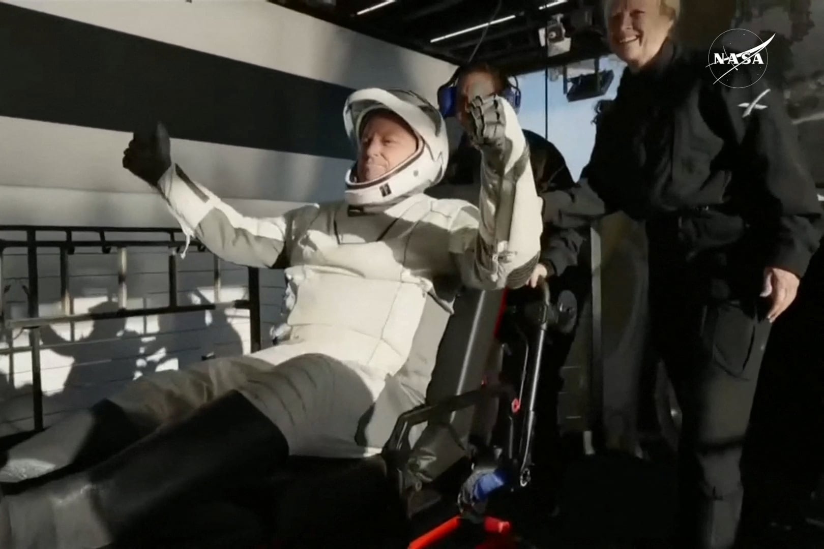 Butch Wilmore reacts after he and Suni Williams and two other astronauts splashed down in a Crew Dragon space capsule following their return to earth from the International Space Station off the coast of Florida, U.S. March 18, 2025 in a still image from video. NASA TV/Handout via REUTERS. THIS IMAGE HAS BEEN SUPPLIED BY A THIRD PARTY