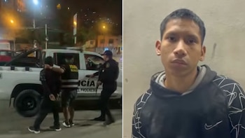Un agente policial conduce a un hombre esposado hacia una camioneta de la policía; en otro plano, un joven mira al frente con una sudadera oscura