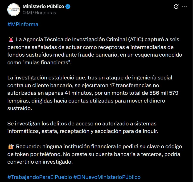 La red habría utilizado ingeniería social para obtener las credenciales bancarias de la víctima. (FOTO: X)