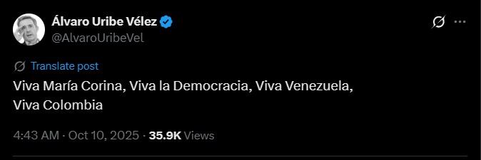 Mensaje del expresidente Álvaro Uribe sobre María Corina Machado - crédito captura de pantalla / X