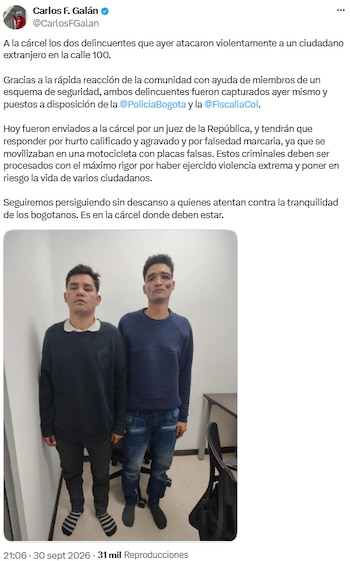 Envían a prisión a dos acusados de atacar a un extranjero en la calle 100 de Bogotá - crédito @CarlosFGalan/X
