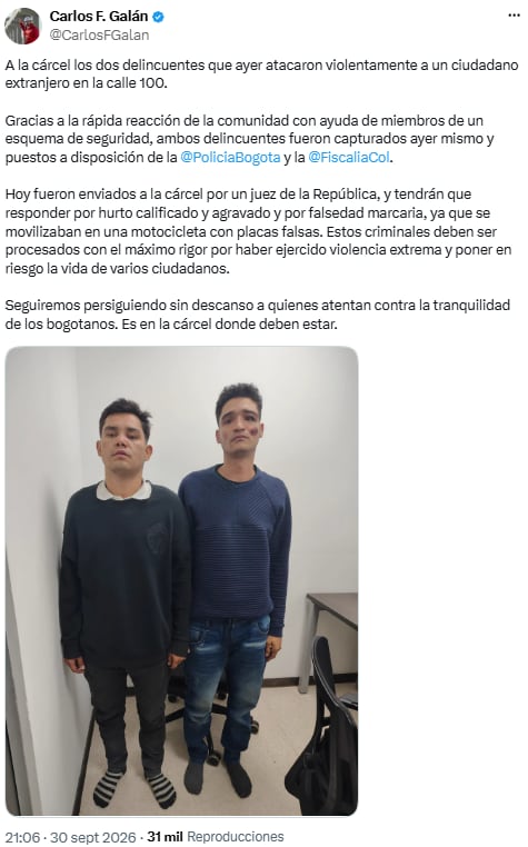 Envían a prisión a dos acusados de atacar a un extranjero en la calle 100 de Bogotá - crédito @CarlosFGalan/X