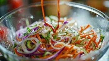 Ensalada fresca con calabaza rallada, col morada, zanahorias, rábanos, cebollas, mayonesa, salsa picante y sabores vibrantes. - (Imagen Ilustrativa Infobae)