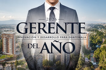 Torso de una persona con traje formal superpuesto a una vista aérea de la Ciudad de Guatemala con el texto Gerente del Año 2026.