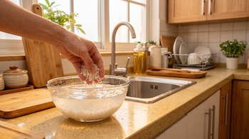 Una mano vierte granos de arroz en un recipiente transparente con agua junto a un fregadero de cocina.