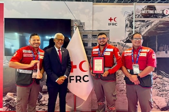 La Cruz Roja Costarricense obtuvo el tercer lugar en la categoría de Concientización Pública de la Copa Mundial de Primeros Auxilios 2026, celebrada en Dubái. Crédito: Cruz Roja Costa Rica
