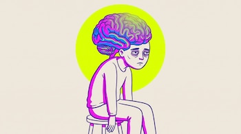 Ilustración de persona sentada con cuerpo encorvado, hombros caídos, ojeras. Un cerebro grande con colores magenta, azul y verde que se desvanecen.