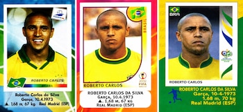 Tres figuritas de fútbol verticales de Roberto Carlos con uniforme amarillo y verde de Brasil. Cada una muestra su rostro y datos personales de diferentes Mundiales