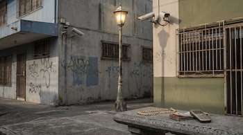 Calle vacía en Pavas, Costa Rica, con farol encendido. Sobre un banco de cemento, cadena de oro, billetes y celular antiguo. Cámaras de seguridad y grafitis en las paredes.