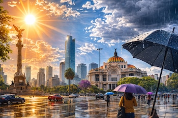 Panorámica de Ciudad de México con el Ángel de la Independencia y Palacio de Bellas Artes bajo sol y lluvia simultánea, personas con paraguas en calles mojadas.