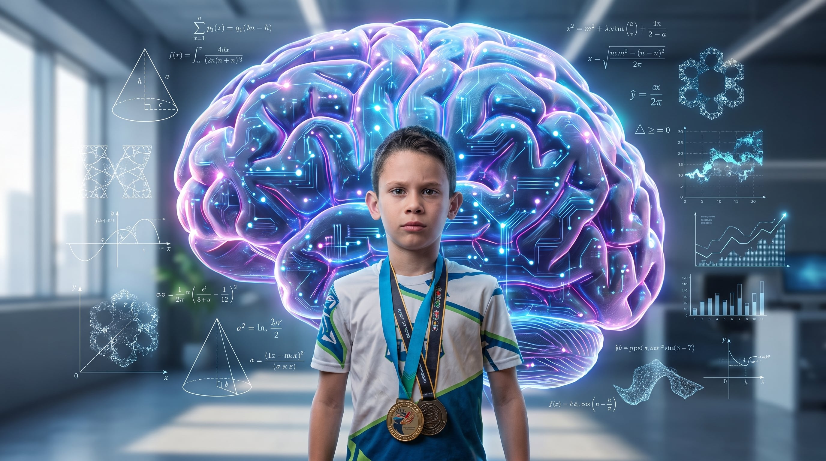 Fabio Isaac Bravo Acosta, de 9 años, posa con sus medallas frente a una representación digital de un cerebro y ecuaciones matemáticas que ilustra su alto coeficiente intelectual y logros en la Olimpiada Copernicus. (Imagen Ilustrativa Infobae)