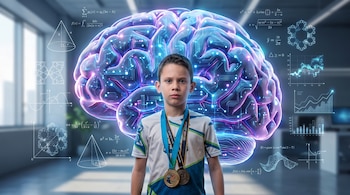 Niño con camiseta deportiva y dos medallas de oro al cuello. Detrás, una ilustración de un cerebro luminoso con circuitos y varias fórmulas matemáticas y gráficos