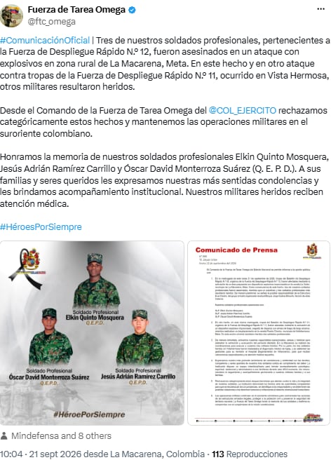 Identifican a los tres soldados asesinados en ataque con explosivos en zona rural de Meta - crédito @ftc_omega/X
