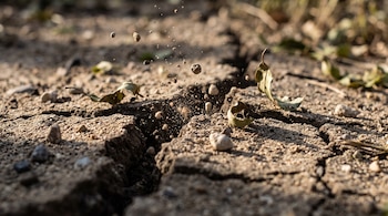 Tierra seca y agrietada con pequeñas piedras, polvo y hojas secas suspendidos en el aire.