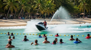 Vista de una moto acuática con una persona a bordo que levanta mucha espuma mientras se aproxima a bañistas en el agua. Al fondo, una playa tropical con palmeras.