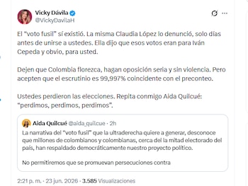 El ex candidata a la Presidencia y periodista Vicky Dávila aseguró que sí existió el voto fusil en la segunda vuelta presidencial del 21 de junio de 2026 - crédito @VickyDavilaH/X