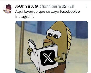 Un personaje de dibujos animados, un pez marrón de Spongebob, con grandes ojos y boca abierta, lee un periódico que muestra el logo de X (Twitter)