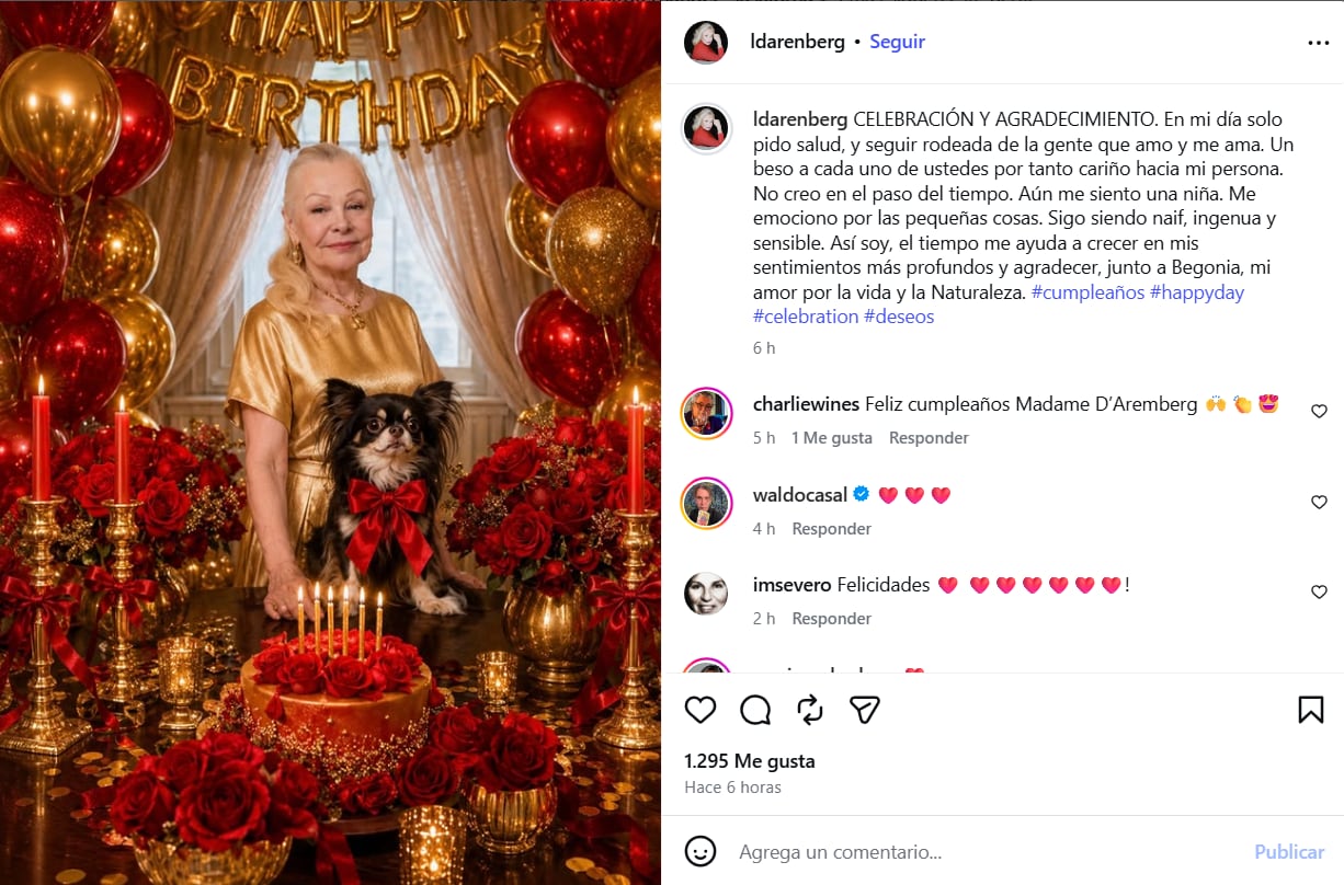 Laetitia d’Arenberg celebró sus 85 años y mostró en Instagram un festejo íntimo junto a su perrita chihuahua Begonia