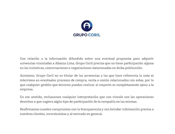 Comunicado del Grupo Coril sobre la compra de las acreencias de Alianza Lima.