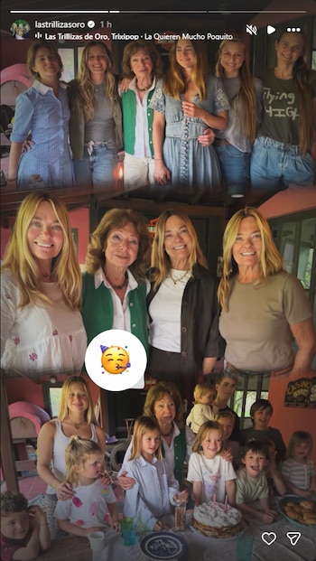 Collage de tres fotografías familiares que incluyen a tres mujeres semejantes, una mujer mayor, niños y una torta de cumpleaños