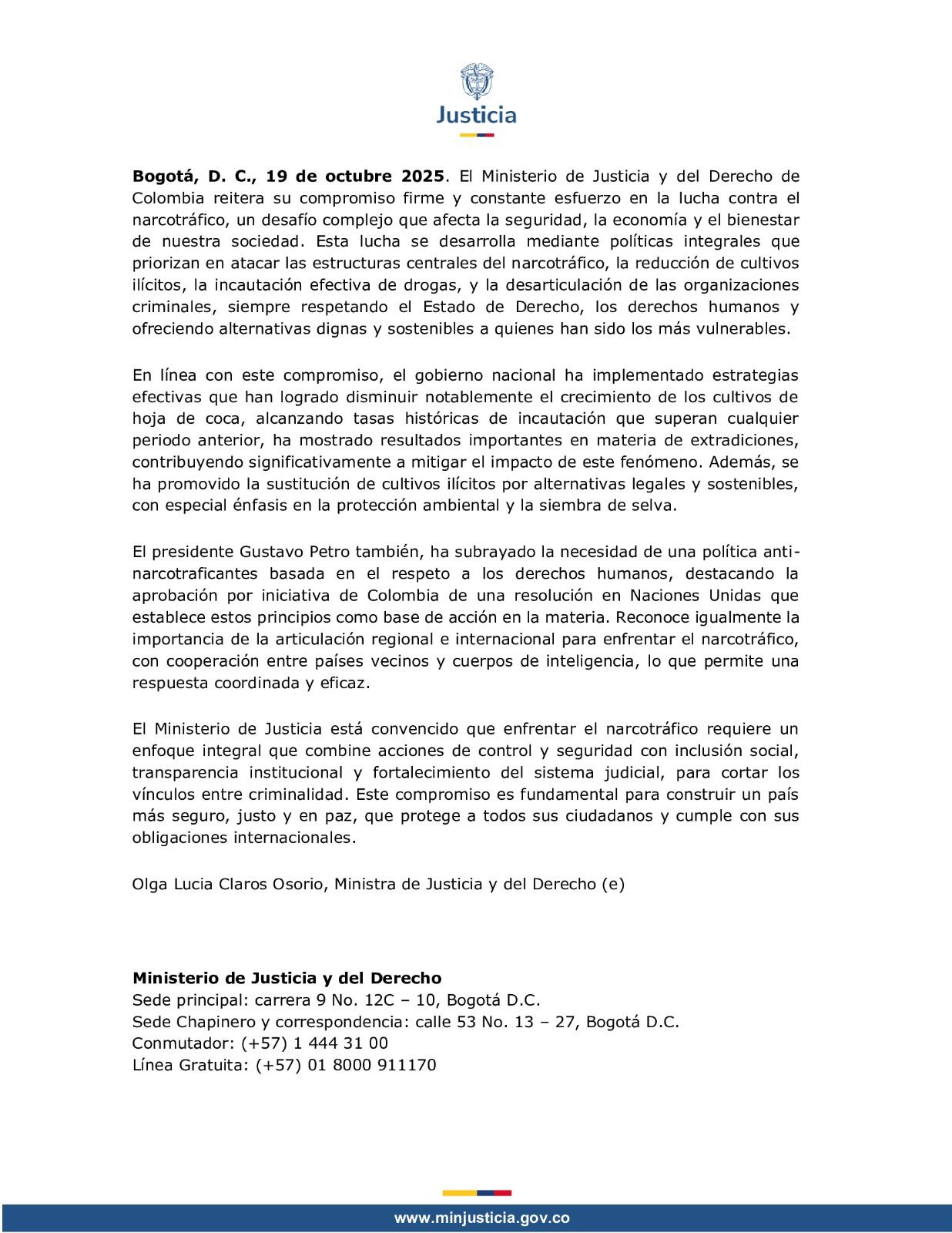 Ministerio de Justicia reaccionó a las declaraciones del presidente Donald Trump sobre el presidente Gustavo Petro como líder del narcotráfico en Colombia - crédito @MinJusticiaCo/X