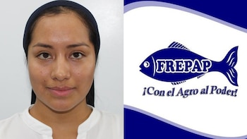 Retrato de Jessica Loren Alcántara Silva junto al logotipo del partido FREPAP que incluye la figura de un pez azul