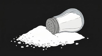 Ilustración plana de un salero de vidrio con tapa gris metálica, volcado sobre una superficie negra, con sal fina y cristales gruesos derramados a su alrededor.