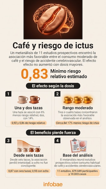 Infografía sobre café e ictus con una ilustración de un cerebro dentro de un grano de café, recuadros con tazas y el logotipo de Infobae.