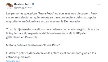 El presidente Gustavo Petro defendió sus polémicas declaraciones en las que calificó a quienes gritan "fuera Petro" como "asesinoss" - crédito @petrogustavo/X