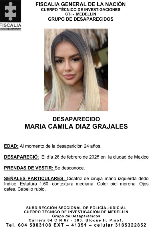 Aviso difundido por las autoridades y familiares para obtener información sobre el paradero de María Camila Díaz. - crédito Fiscalía