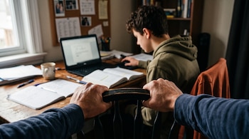 Dos manos sujetan el respaldo de una silla en primer plano ante un joven sentado frente a una computadora portátil y libros en un escritorio.