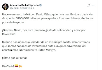 Abelardo de la Espriella, presidente de Colombia, indicó que "así construimos juntos nuestra Patria Milagro" - crédito @abdelaespriella/X