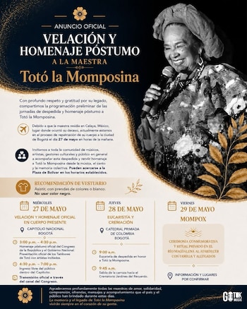 Comunicado Actos funerarios Totó la Momposina - crédito Instagram