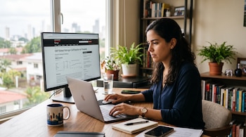 Una mujer trabaja frente a una computadora portátil y un monitor que muestra la calificación crediticia de Panamá de S&P Global Ratings.