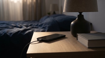 Un smartphone negro moderno se carga boca abajo sobre una mesa de noche de madera clara, con una lámpara apagada y un libro cerrado al lado en un dormitorio oscuro.