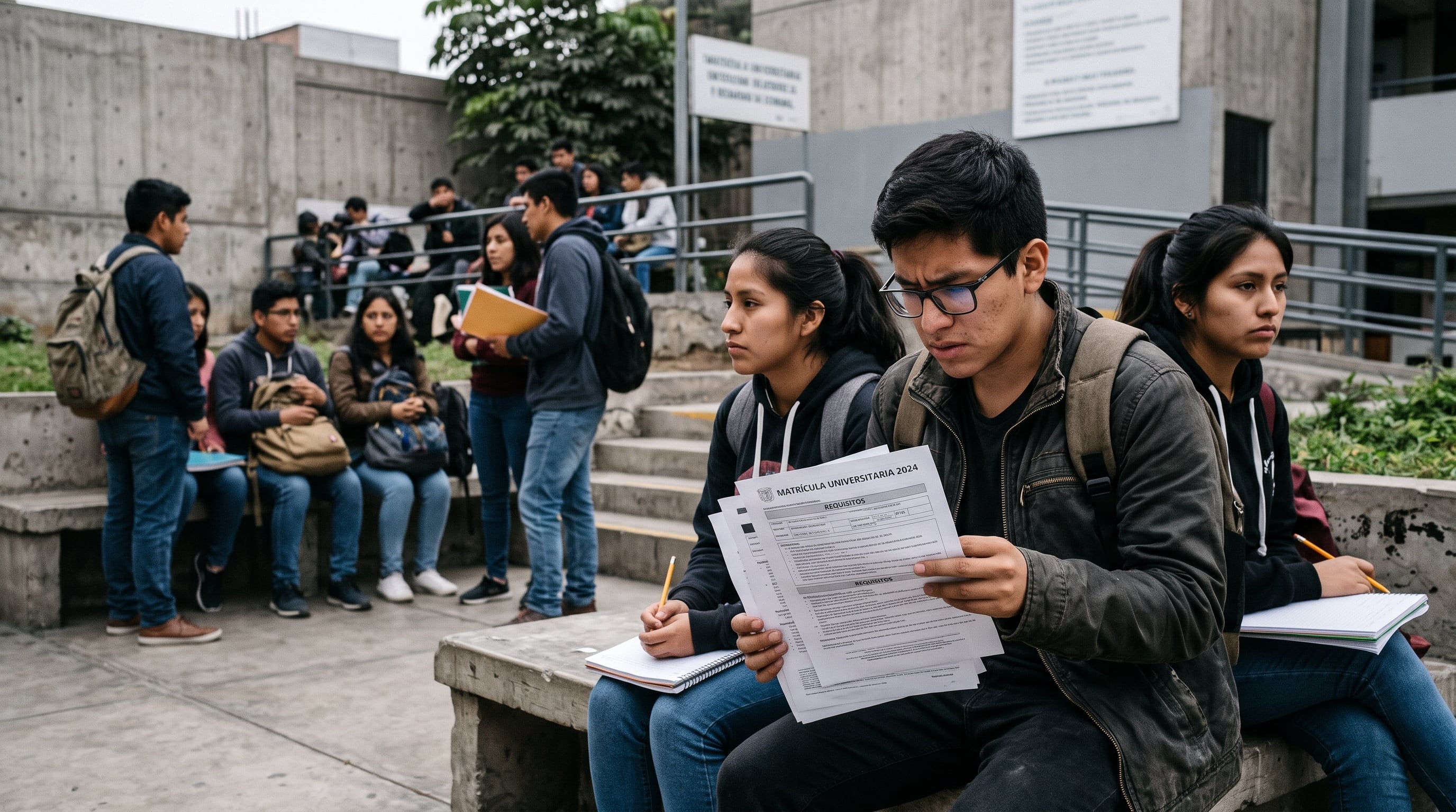 Un grupo de estudiantes universitarios revisa documentos de matrícula en las bancas exteriores de una institución pública en Perú. (Imagen Ilustrativa Infobae)