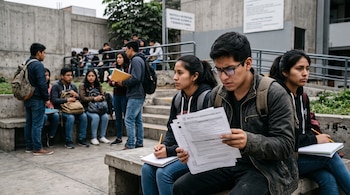Jóvenes sentados en bancas de concreto al aire libre; uno sostiene hojas impresas mientras otros tienen cuadernos y lápices.