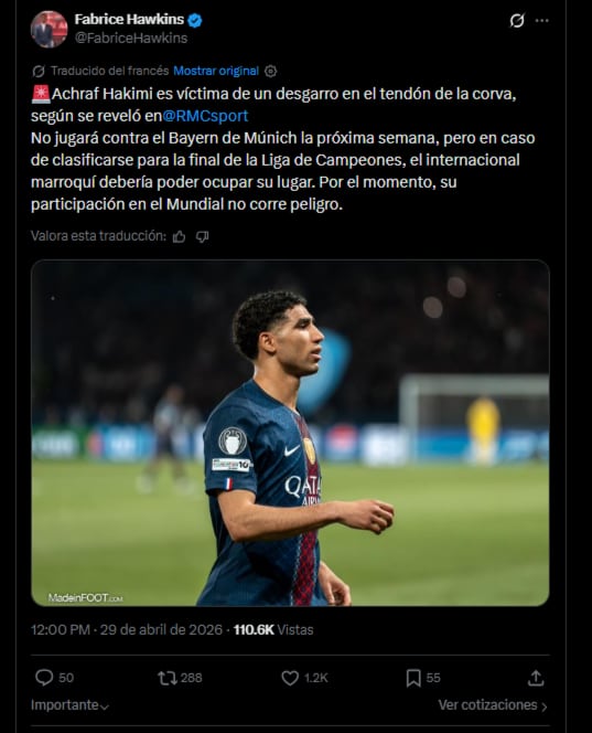 El defensor marroquí estaría descartado para el duelo ante Bayern Múnich en el Allianz Arena, por las semifinales de la UEFA Champions League-crédito @FabriceHawkins/X