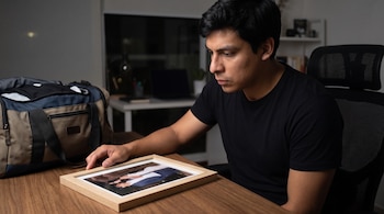Hombre sentado en un escritorio de madera mira una foto enmarcada de una pareja. A su izquierda hay una maleta de viaje de tela abierta con ropa.