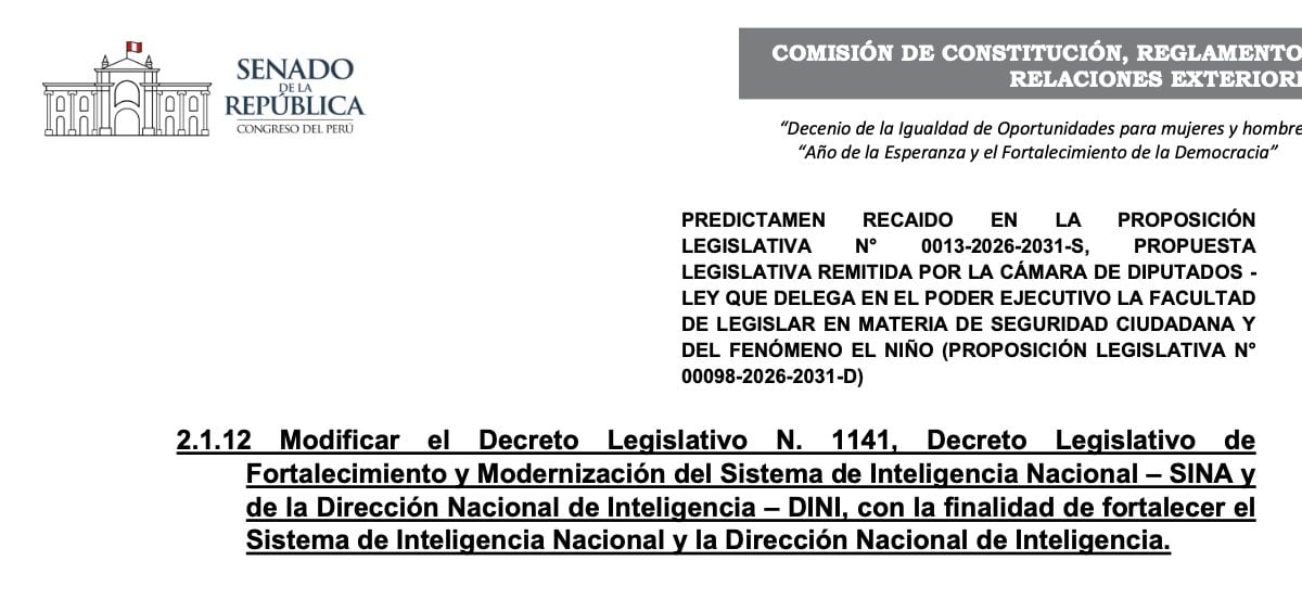 Un predictamen del Senado de la República del Perú propone modificar la norma para fortalecer el Sistema de Inteligencia Nacional y la Dirección Nacional de Inteligencia.