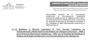 Documento oficial del Congreso del Perú con texto sobre un predictamen para modificar el Decreto Legislativo 1141 de inteligencia